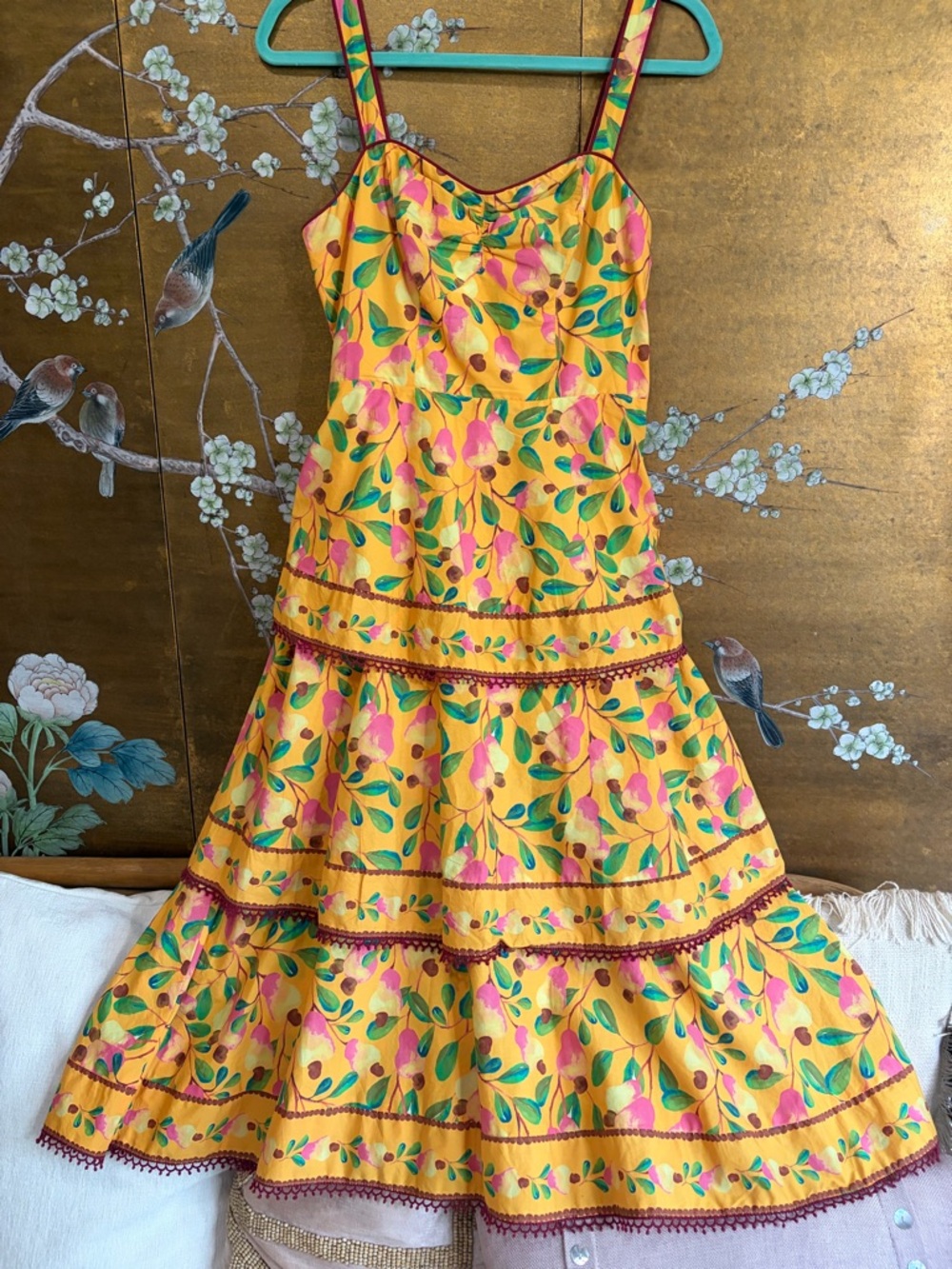 Farm Rio Cashew Tiered Midi Dress, floral print, fit & flare, cotton, vacation - Picture 10 of 15
